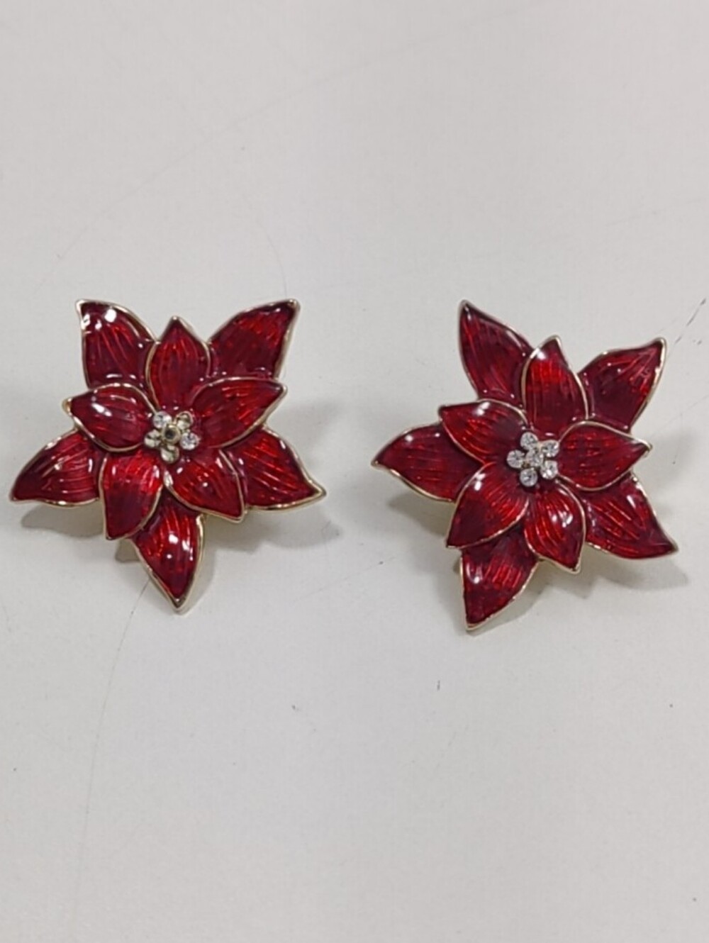 Eisenberg Ice Red Enamel Rhinestone Poinsettia Christmas Clip On Earrings